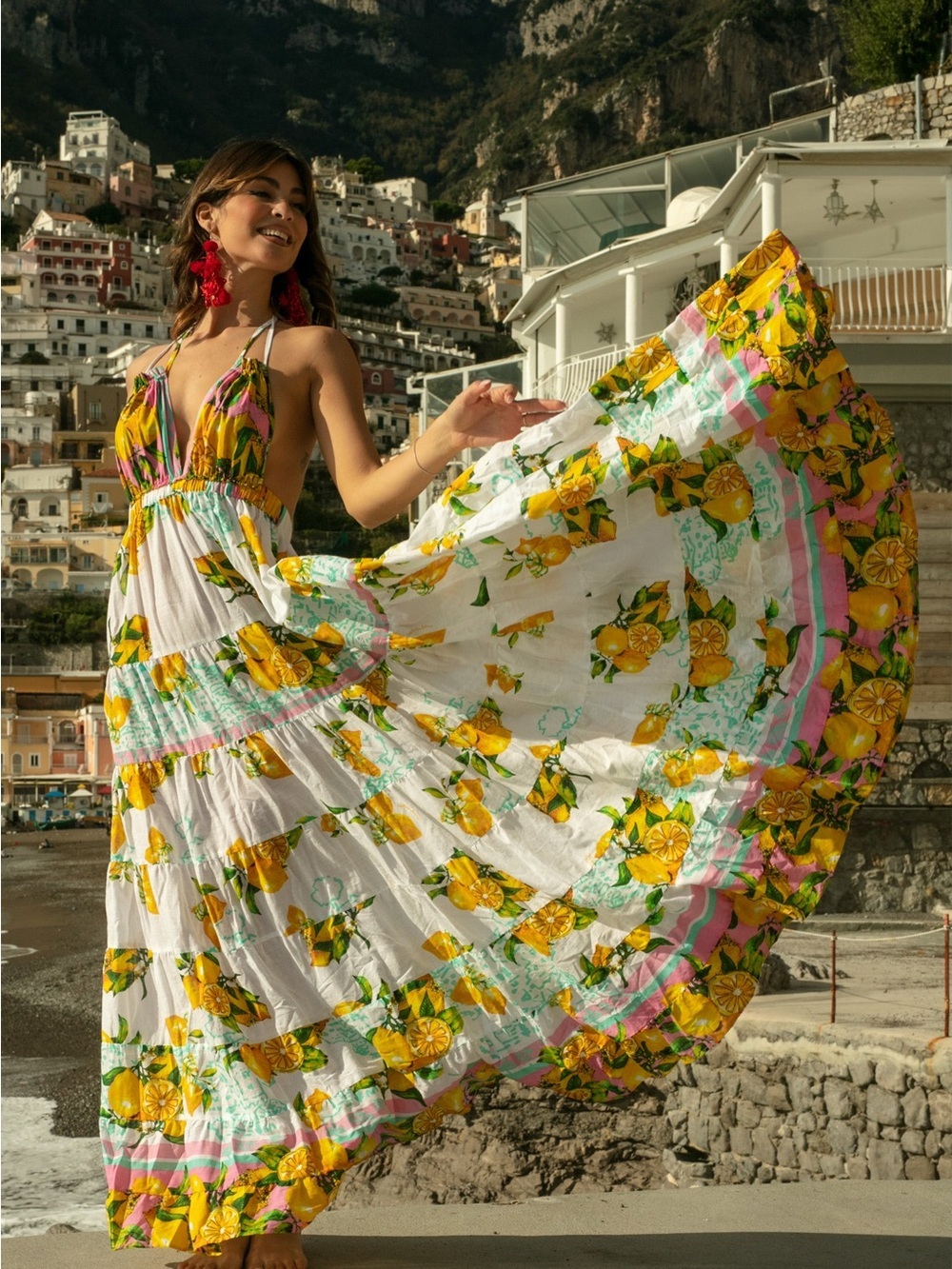 Antica Sartoria 2026 White Pink Lemon Print Halter Maxi Dress OS